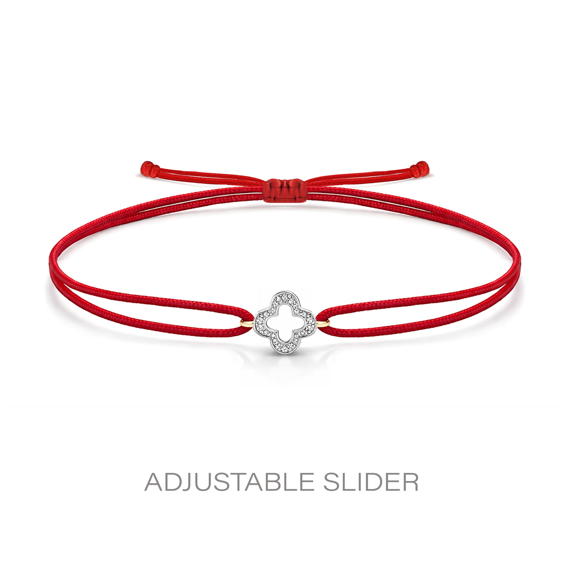 14K Solid Gold Diamond Clover Red String Cord Bracelet