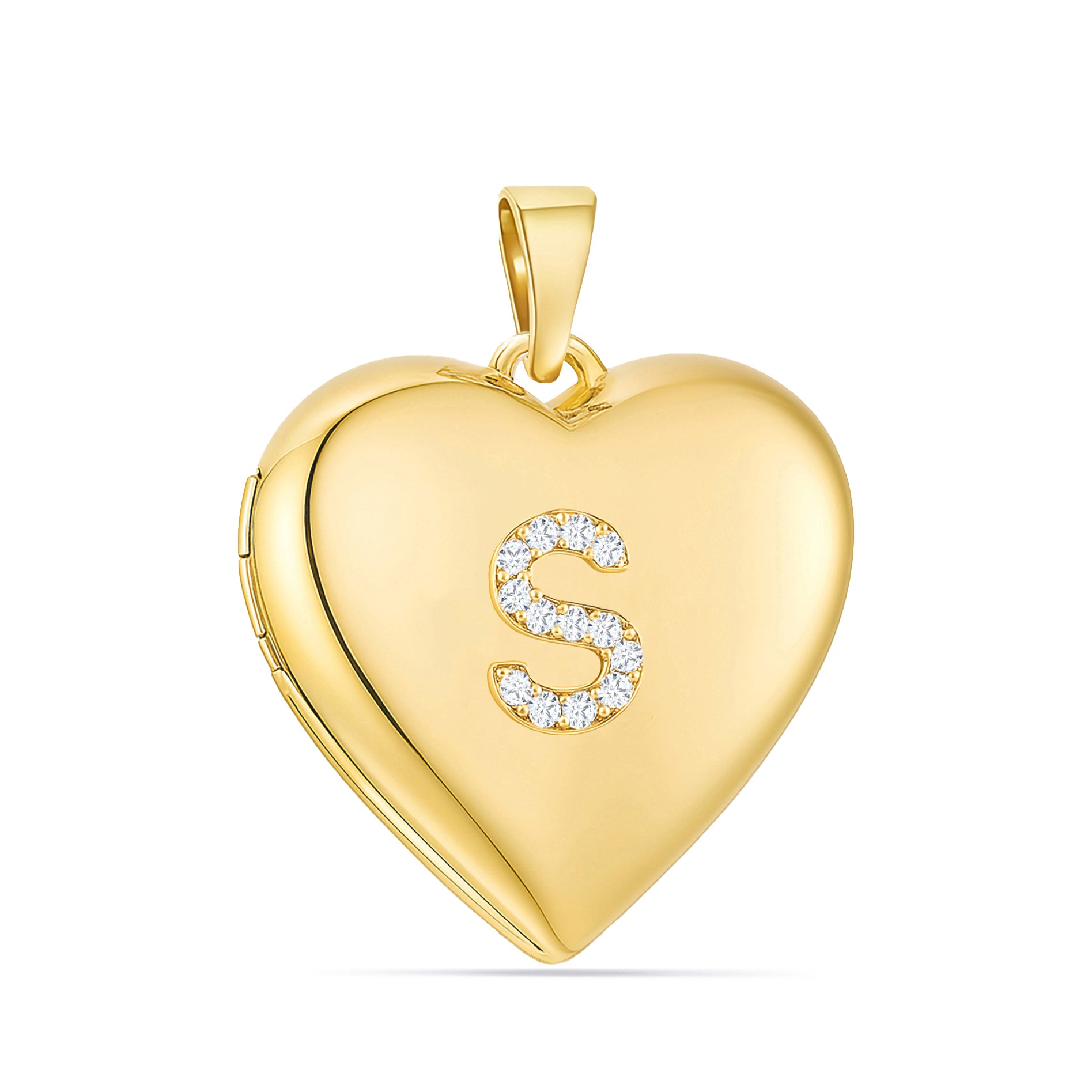 14K Solid Gold Heart Locket with Diamond Initial Gold Enhancer Bail Engravable Photo Locket