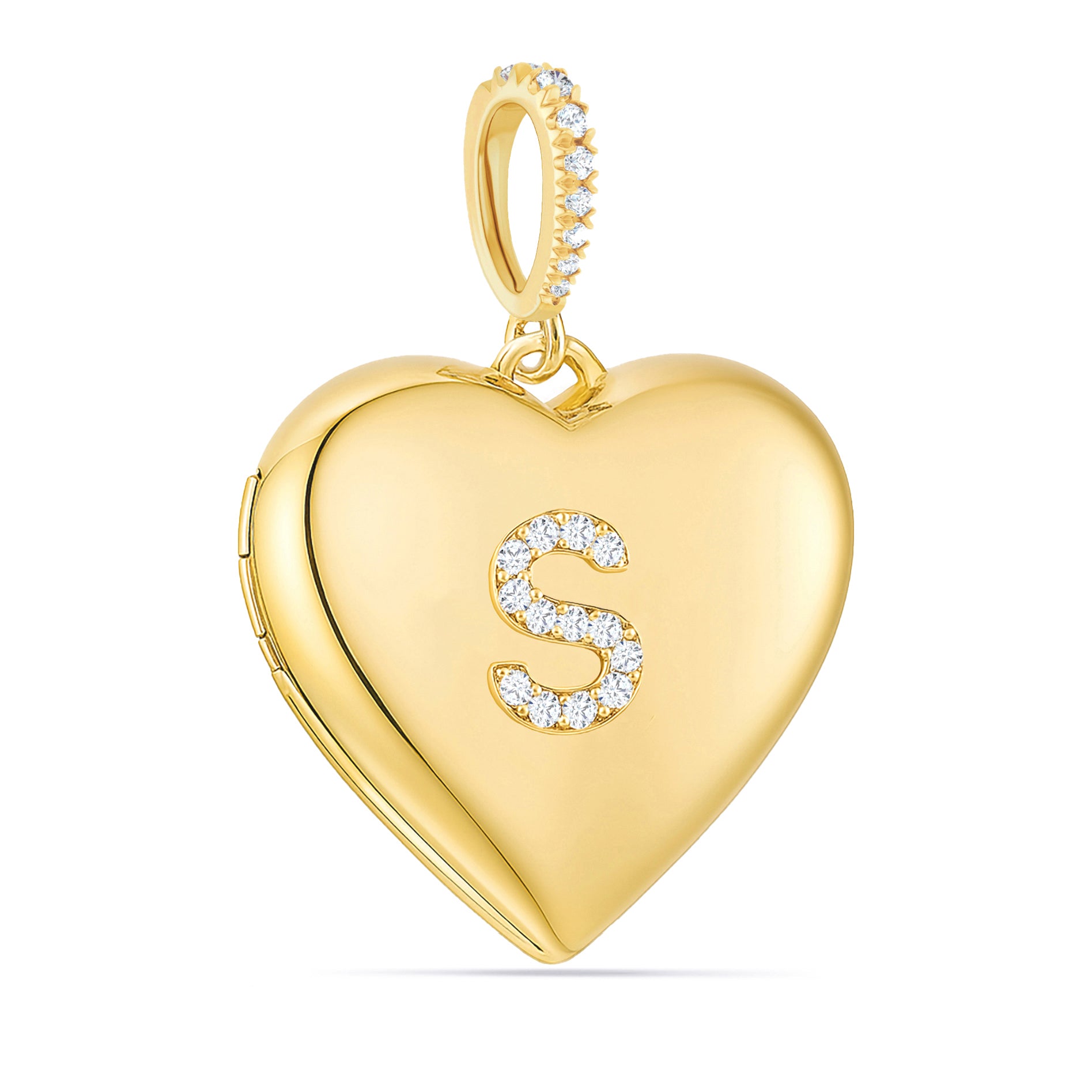 14K Solid Gold Heart Locket with Diamond Initial Gold Enhancer Bail Engravable Photo Locket