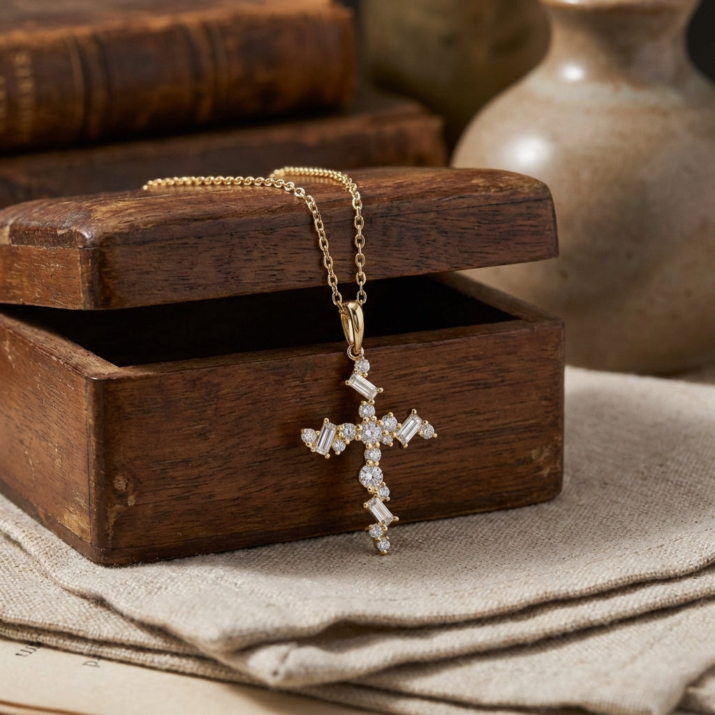 Elegant still life featuring the 14k gold diamond cross necklace draped over a vintage jewelry box with soft studio lighting and textured background.