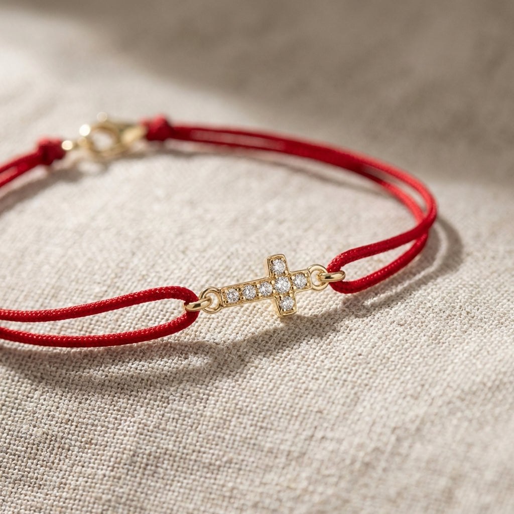 Ultra-detailed close-up of a delicate 14K solid gold diamond cross string bracelet showing the tiny cross charm and lab-grown diamond on textured fabric.