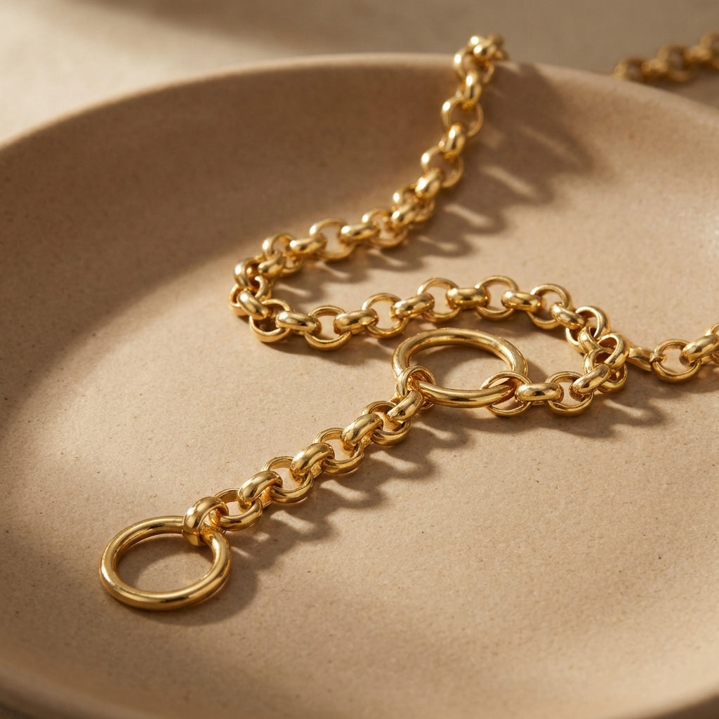 High-resolution close-up of Italian 14K gold Rolo Chain Y Necklace with charm connector, showcasing micro-texture and slim links with cinematic lighting.