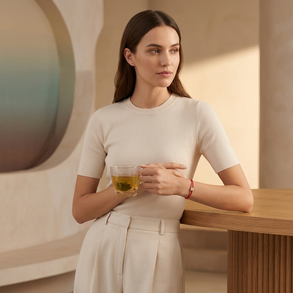 Full-body shot of a woman in casual attire showcasing a small 14K gold diamond red string bracelet in a relaxed, modern setting.