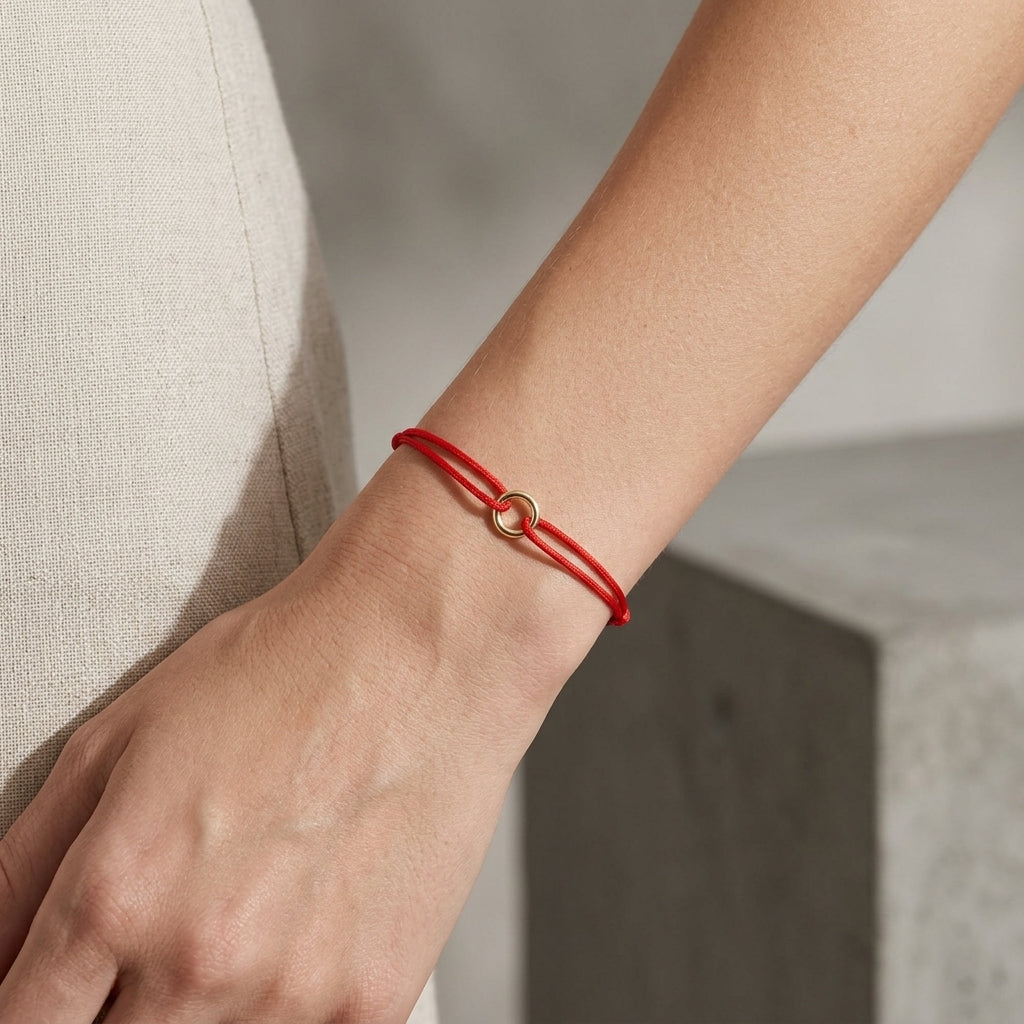 Elegant full-body shot of a model with a slim wrist wearing a subtle 14K gold red cord bracelet with a tiny circle charm, studio setting.