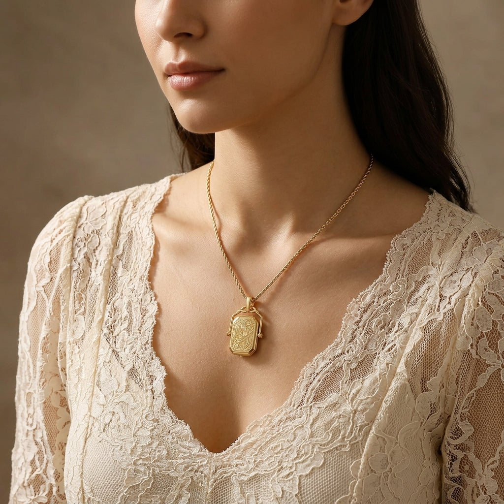 Full-body shot of a female model with a vintage-inspired dress wearing a petite 14K gold filigree locket, highlighting its elegant fit and charm.