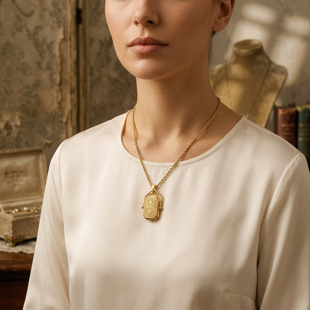 Delicate 14K gold filigree locket draped over a vintage jewelry bust in a warm, nostalgic setting, emphasizing fine craftsmanship.