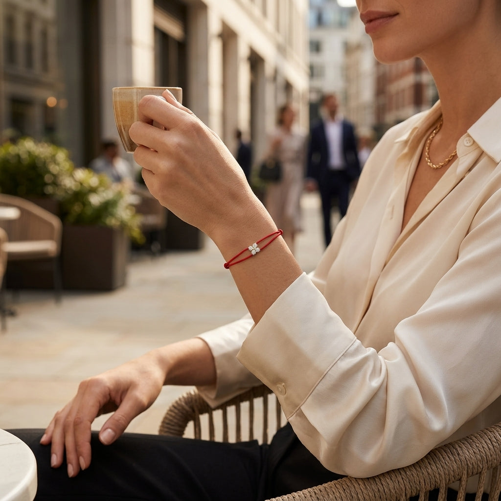 High-end fashion model wearing a delicate 14K gold cluster diamond red string bracelet in a stylish outdoor setting during golden hour.